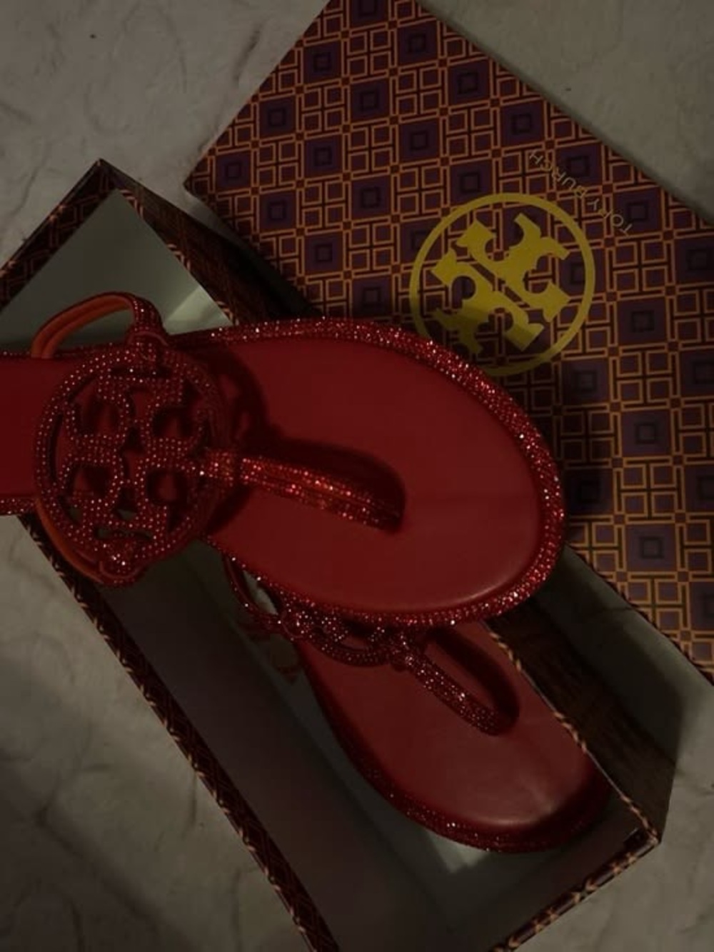 Tory Burch Red Glitter Logo Thong Sandals
